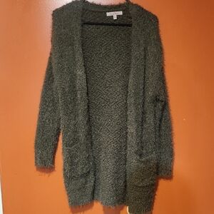 Love Tree Olive Green Fuzzy Open-Front Cardigan